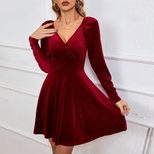 Velvet A Line Dress V Neck Waist Cinching Elegant Autumn Winter Party Wear Wholesale Available