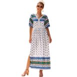 Bohemian Floral Print Dress for Women V Neck Short Sleeve Autumn Casual Wear