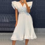 V Neck Pleated Dress Ruffled Sleeves Belt Included Elegant Design Perfect for Parties and Events