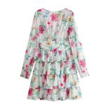 V Neck Floral Print A Line Dress for Women Waist Definition Layered Design Spring Fashion