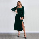 Velvet Long Sleeve Dress Sexy Split Design Waist Cinching Square Neck Puff Sleeves Evening Party