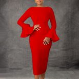 Fashionable Solid Color Bodycon Dress with Flared Sleeves Winter Collection Office Wear Wholesal