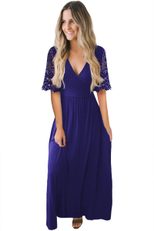 Lace Maxi Dress for Women V Neck Half Sleeve Hollow Out Floral Print Evening Party Wear Wholesal