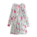 V Neck Floral Print A Line Dress for Women Waist Definition Layered Design Spring Fashion