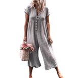 Womens Summer Jumpsuit Loose Fit High Waist Short Sleeve Button Design Casual Wear