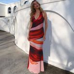 Womens Spring Fashion Dress Sexy Halter Neck Color Block Print Bodycon Fit Backless Design Eveni