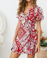 Casual Floral Print Dress Short Sleeve Tie Design Sexy Style Spring Summer Vacation Wear Ready t