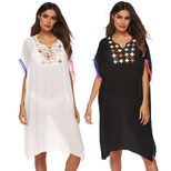 Loose Fit Crochet Lace Trim Tassel Beach Cover Up Dress Lightweight Bohemian Style Summer Wear W