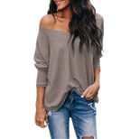 V Neck Off Shoulder Loose Long Sleeve T Shirt for Women Casual Autumn Style in Multiple Sizes