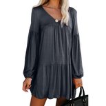 Solid Color Knee Length Dress for Women V Neck Long Sleeve Pleated Loose Fit Autumn Fashion Whol