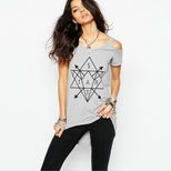 Geometric Print Off Shoulder T Shirt Short Sleeve Mid Length Stylish Design Casual Wear for Wome