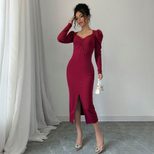 Vintage Burgundy Velvet Dress for Women Square Neck Puff Sleeves Slim Fit Side Slit Autumn Winte