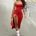 Sexy Ruched Drawstring Midi Dress with Side Slits Elegant Design Adjustable Fit Perfect for Part