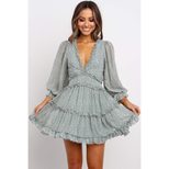 Backless V Neck Long Sleeve Dress Puff Sleeves Waist Cinching Spring Fall Style Wholesale Availa