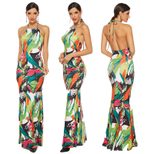 Colorful Printed Backless Maxi Dress Elegant Design Lace Up Detail Perfect for Parties and Forma