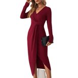 V Neck Midi Dress Elegant Long Sleeve Side Slit French Style Perfect for Parties and Events Whol