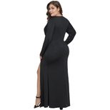 Plus Size Mini Dress Sexy V Neck Long Sleeve High Waist Ruched Hem Side Slit Evening Party Wear