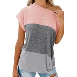Color Block Asymmetrical Neck Short Sleeve Top Loose Fit Casual Style Perfect for Spring and Sum