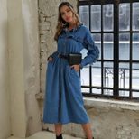 Long Sleeve Ruffled Hem Maxi Denim Dress Elegant Flared Split Design Autumn Winter Fashion for W
