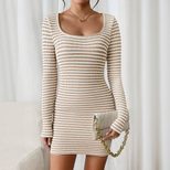 Womens Long Sleeve Bodycon Dress Solid Color U Neck Striped Skirt Autumn Winter Fashion Wholesal