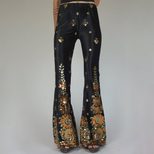 Velvet Wide Leg Pants for Women High Waist Sequined Embroidery Vintage Style for Casual Wear