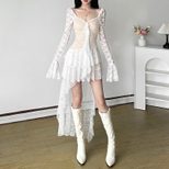 Womens Irregular Lace Trimmed Mini Dress Sexy Design Flared Sleeves Adjustable Ties Winter Fashi