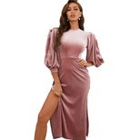 Velvet Bodycon Dress Three Quarter Puff Sleeves Sexy Split Design Mid Length Perfect for Parties