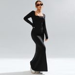 Black Knit Long Sleeve Bodycon Dress with Square Neckline Elegant Sexy Style for Parties and Gat