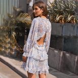 Backless V Neck Long Sleeve Dress Puff Sleeves Waist Cinching Spring Fall Style Wholesale Availa