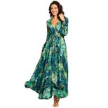 Floral Print Maxi Dress Lantern Sleeves Sexy V Neck Leaf Pattern Spring Summer Fashion Wholesale