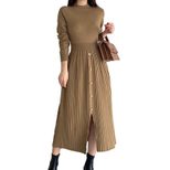 French Style Knitted Midi Dress Elegant Split Design Round Neck Long Sleeve Comfortable Fabric C