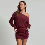 Elegant Off Shoulder Long Sleeve Bodycon Dress Slim Fit Asymmetrical Neckline Autumn Winter Styl