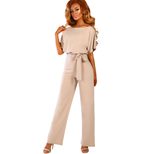 High Waisted Wide Leg Jumpsuit Solid Color Short Sleeve Tie Waist Casual Summer Wear Wholesale A