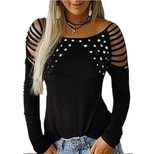 Long Sleeve T Shirt for Women Solid Color with Rhinestone Detail Casual Fall Winter Wear