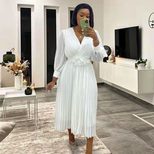 Long Sleeve Solid Color Waist Defined Pleated Maxi Dress for Women Elegant Casual Wear