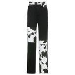 High Waist Color Block Cow Print Straight Leg Jeans for Women Casual Loose Fit Autumn Wear