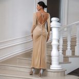 Chic Champagne Color Long Bodycon Dress Round Neck Back Tie Slim Fit Elegant Style Perfect for P