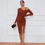 Womens Long Sleeve Dress Drawstring Side Slit Off Shoulder Autumn Winter Bodycon Style Wholesale