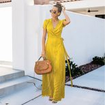Womens Summer Dress Short Sleeve Deep V Neck Polka Dot Maxi Casual Wear low MOQ
