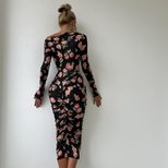 Fashionable Long Sleeve Bodycon Dress Unique Print Ruffled Design Sexy Silhouette Autumn Winter
