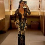 Fashionable Long Sleeve Bodycon Dress with Ring Detail Low Neckline Split Hem Color Block Design