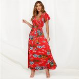 Bohemian Floral Maxi Dress for Women V Neck Tie Detail Lightweight Summer Fabric