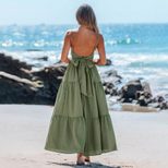 Green Backless Tie Back Maxi Dress Flowy Silhouette Vacation Style Beachwear Wholesale Available