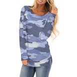 Camouflage Print Long Sleeve T Shirt for Women Regular Fit Round Neck Knit Fabric Autumn Casual