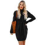 High Neck Long Sleeve Sweater Dress for Women Waist Tie Detail Cozy Knit Fabric Autumn Winter Fashion