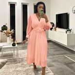 Long Sleeve Solid Color Waist Defined Pleated Maxi Dress for Women Elegant Casual Wear