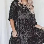 Sequin A Line Dress Round Neck Short Sleeve Loose Fit Evening Party Wear ready to ship