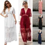 Lace Maxi Dress for Women V Neck Embroidered Sleeveless Solid Color Summer Vacation Wear