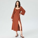 Elegant Midi Dress Square Neck Split Hem Long Sleeve French Style for Autumn Winter Wholesale Av