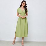 V Neck Backless Dress High Waist Solid Color Flared Skirt Spring Fashion for Women Wholesale Ava